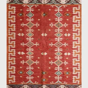 Red White Indian Hand Woven Geometric Trendy Wool Jute Rug-4